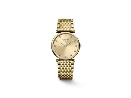 Longines La Grande Classique Quarz Edelstahl Gelbgold-PVD 29mm goldenes Zifferblatt mit Diamanten Metallband – Damenuhren Uhr ohne Datum aus Edelstahl und PVD beschichtet. Das Gehäuse ist rund und roségold. Das vergoldetes Edelstahlarmband ist silber-roségold. Das Zifferblatt ist römisch und schwarz.