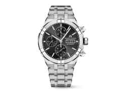 Maurice Lacroix Aikon Chronograph Automatik Edelstahl 44mm schwarzes Zifferblatt Metallband – Herrenuhren Chronograph aus Edelstahl. Das Gehäuse ist rund und silber. Das Edelstahlarmband ist silber. Das Zifferblatt ist ein Index in schwarz.