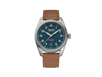 Herrenuhren Uhr mit Datum aus Edelstahl und Leder. Das Gehäuse ist rund und silber. Das Lederarmband ist braun. Das Zifferblatt ist arabisch Index und blau.