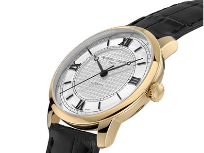 Frederique Constant Classics Premiere Automatik Edelstahl gelbgoldfarben-PVD 38,5mm weißes Zifferblatt schwarzes Lederband – Herrenuhren Uhr ohne Datum aus Edelstahl, Leder und PVD beschichtet. Das Gehäuse ist rund und silber. Das Lederarmband ist schwarz. Das Zifferblatt ist römisch Index und weiß. – Ansicht 2