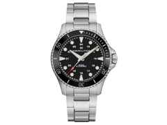 Hamilton Khaki Navy Scuba Automatic Edelstahl 43mm schwarzes Zifferblatt Metallband – Herrenuhren Uhr ohne Datum aus Edelstahl. Das Gehäuse ist rund und silber. Das Edelstahlarmband ist silber. Das Zifferblatt ist ein Index in schwarz.
