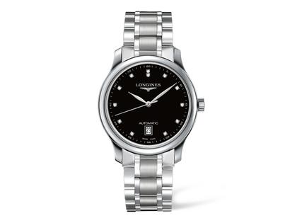 Longines Master Collection Automatik 38 mm Edelstahl schwarz Diamanten Metallband – Herrenuhren Uhr mit Datum aus Edelstahl. Das Armband ist ein Edelstahlarmband. Der Zifferblatt ist ein Index.