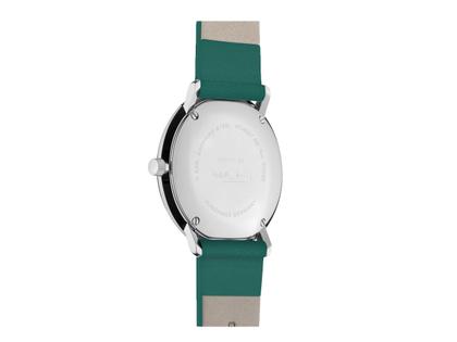 Junghans Max Bill Damen Quarz Edelstahl 32,7mm weißes Zifferblatt grünes Lederband – Damenuhren Uhr mit Datum aus Edelstahl. Das Gehäuse ist rund und silber. Das Lederarmband ist grün. Das Zifferblatt ist arabisch Index und weiß. – Ansicht 2