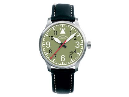 Mühle Glashütte Terranaut III Herrenuhr mit Datum – Herrenuhren Uhr mit Datum aus Edelstahl. Das Gehäuse ist rund und silber. Das Lederarmband ist schwarz. Das Zifferblatt ist arabisch und grün.