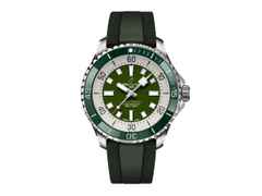Breitling Superocean Automatic 44 Edelstahl grünes Zifferblatt schwarzes Kautschukband – Herrenuhren Uhr ohne Datum aus Edelstahl und Keramik. Das Gehäuse ist rund und silber. Das Kautschuk / Kunststoff / Silikon Armband ist grün. Das Zifferblatt ist ein Index in grün.
