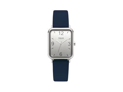 M&M Square Line Quarz Edelstahl 38x26mm silbernes Zifferblatt blaues Lederband – Damenuhren Uhr ohne Datum aus Edelstahl. Das Gehäuse ist rechteckig und silber. Das Lederarmband ist blau. Das Zifferblatt ist arabisch Index und silber.