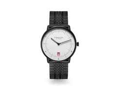 Sternglas Naos Edition Bauhaus III Quarz Edelstahl Schwarz-PVD 38mm weißes Zifferblatt Metallband – Herrenuhren Uhr mit Datum aus Edelstahl, Leder und PVD beschichtet. Das Gehäuse ist rund und schwarz. Das Edelstahlarmband ist schwarz. Das Zifferblatt ist arabisch Index und weiß.