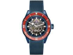 Rado Captain Cook High-Tech Ceramic Skeleton Limited Edition Orange Automatik Keramik 43mm skelettiertes Zifferblatt blaues Kautschukband – Herrenuhren Uhr ohne Datum aus Edelstahl, Kautschuk, Keramik, PVD beschichtet und Titan. Das Gehäuse ist rund und blau. Das Kautschuk / Kunststoff / Silikon Armband ist blau. Das Zifferblatt ist ein Index in grau.