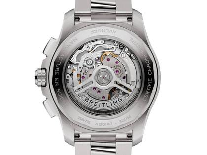 Breitling Avenger B01 Chronograph 44 Automatik Edelstahl blaues Zifferblatt Metallband – Herrenuhren Chronograph aus Edelstahl. Das Gehäuse ist rund und silber. Das Edelstahlarmband ist silber. Das Zifferblatt ist ein Index in blau. – Ansicht 4