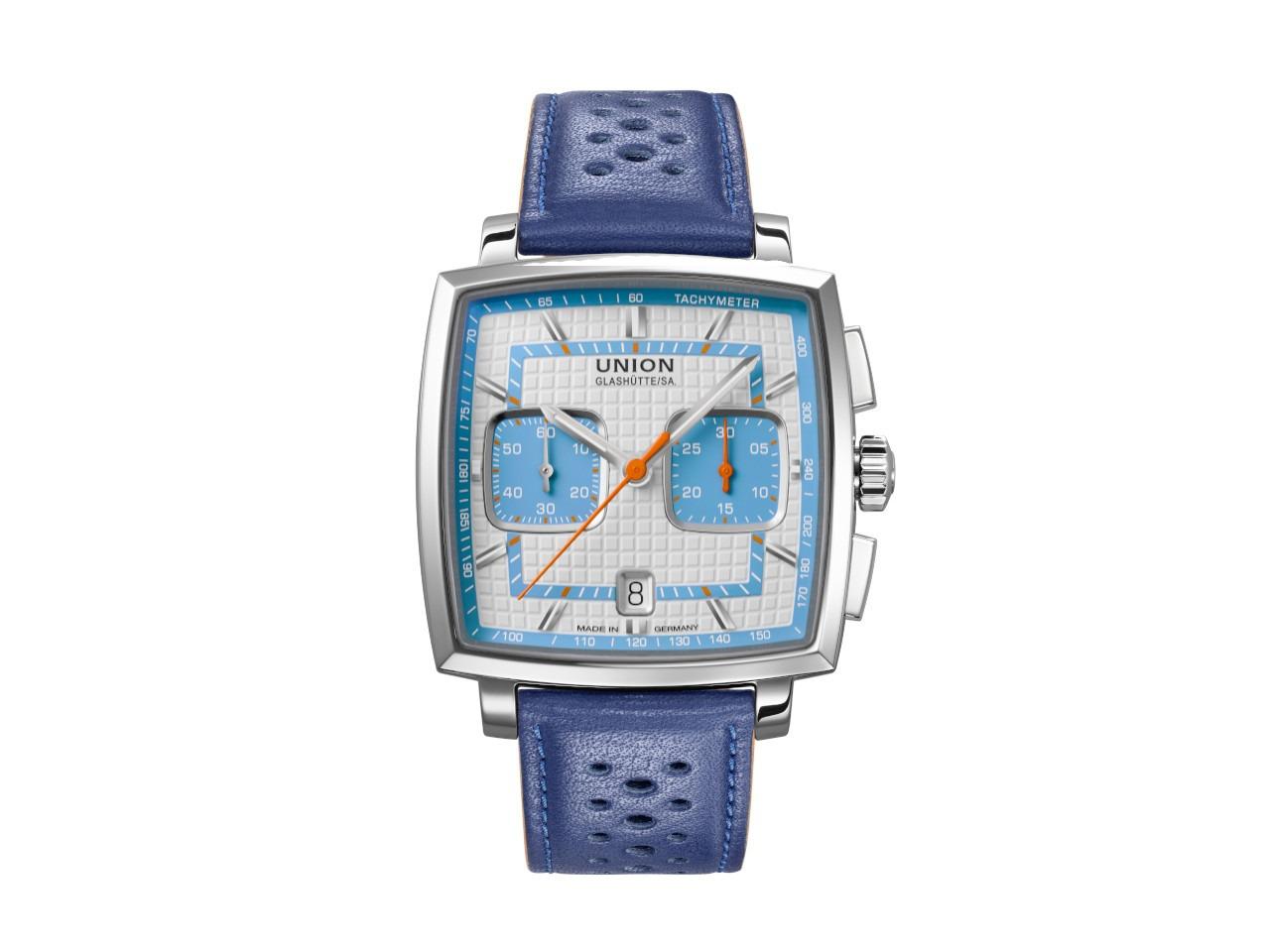Union Glashütte Averin Chronograph Automatik Edelstahl 41mm weißes Zifferblatt blaues Kautschukband und blaues Lederband – Herrenuhren Chronograph aus Edelstahl, Kautschuk und Leder. Das Gehäuse ist quadratisch und silber. Das Lederarmband ist blau. Das Zifferblatt ist ein Index in weiß. – Ansicht 2