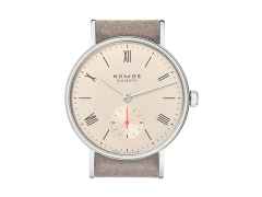 Nomos Glashütte Ludwig 33 Champagner Handaufzug Edelstahl beiges Zifferblatt beiges Lederband Glasboden – Damenuhren Uhr ohne Datum aus Edelstahl und Leder. Das Gehäuse ist rund und silber. Das Lederarmband ist beige. Das Zifferblatt ist römisch Index und beige. – Ansicht 2