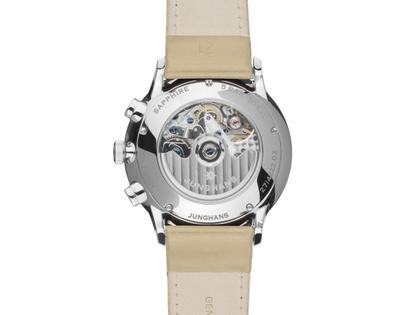 Junghans Meister Chronoscope Automatik Edelstahl 41mm grünes Zifferblatt braunes Lederband – Herrenuhren Chronograph aus Edelstahl und Leder. Das Gehäuse ist rund und silber. Das Lederarmband Strauß ist braun. Das Zifferblatt ist ein Index in grün. – Ansicht 2