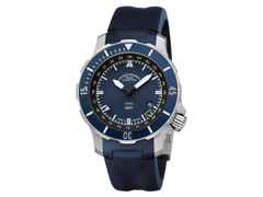 Mühle Glashütte Seebataillon GMT Automatik Titan 45mm blaues Zifferblatt blaues Kautschukband – Herrenuhren Uhr mit Datum aus Kautschuk und Titan. Das Gehäuse ist rund und silber. Das Kautschuk / Kunststoff / Silikon Armband ist blau. Das Zifferblatt ist ein Index in blau.