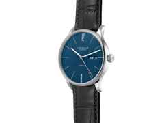 Sternglas Berlin Automatik Edelstahl 38mm blaues Zifferblatt schwarzes Lederband – Herrenuhren Uhr mit Datum aus Edelstahl und Leder. Das Gehäuse ist rund und silber. Das Lederarmband ist schwarz. Das Zifferblatt ist ein Index in blau. – Ansicht 2