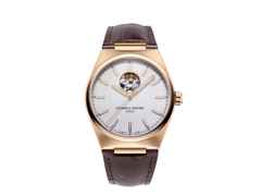 Frederique Constant Highlife Heart Beat Automatic Edelstahl Roségold-PVD 41mm silbernes Zifferblatt braunes Lederband – Herrenuhren Uhr ohne Datum aus Edelstahl, Kautschuk, Leder und PVD beschichtet. Das Gehäuse ist rund und roségold. Das Lederarmband ist braun. Das Zifferblatt ist ein Index in silber.