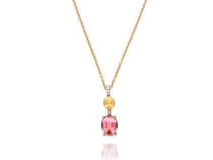 Nanis Dancing in the Rain Tourmalines Collier Gelbgold roter Turmalin mit Brillanten – Halsschmuck Kette mit Anhänger aus 750 Gelbgold.