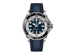 Breitling Superocean Automatic 44 Edelstahl blaues Zifferblatt blaues Kautschukband – Herrenuhren Uhr ohne Datum aus Edelstahl und Keramik. Das Gehäuse ist rund und silber. Das Kautschuk / Kunststoff / Silikon Armband ist blau. Das Zifferblatt ist ein Index in blau.