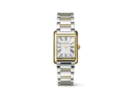 Maurice Lacroix Fiaba Square Quarz Edelstahl Gelbgold-PVD 24x34mm silbernes Zifferblatt zweifarbiges Metallband – Damenuhren Uhr ohne Datum aus Edelstahl und PVD beschichtet. Das Gehäuse ist rechteckig und gelbgold. Das Edelstahlarmband ist silber-gelbgold. Das Zifferblatt ist römisch und silber.