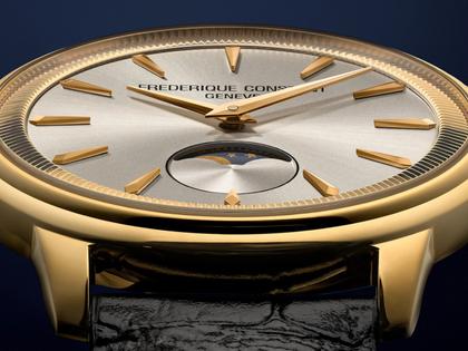Frederique Constant Classics Moneta Moonphase Quarz Edelstahl Gelbgold-PVD 37mm weißes Zifferblatt schwarzes Lederband – Herrenuhren Uhr ohne Datum aus Edelstahl, Leder und PVD beschichtet. Das Gehäuse ist rund und gelbgold. Das Lederarmband Kroko / Alligator ist schwarz. Das Zifferblatt ist ein Index in weiß. – Ansicht 5