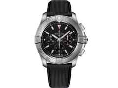 Breitling Super Avenger B01 Chronograph 46 Automatik Titan schwarzes Zifferblatt schwarzes Lederband – Herrenuhren Chronograph aus Titan. Das Gehäuse ist rund und grau. Das Lederarmband ist schwarz. Das Zifferblatt ist ein Index in schwarz.