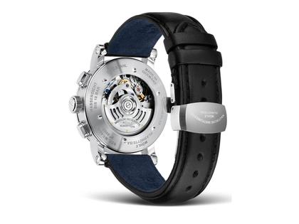 Mühle Glashütte Teutonia IV Chronograph Automatik Edelstahl 39mm weißes Zifferblatt schwarz Lederband – Herrenuhren Chronograph aus Edelstahl. Das Gehäuse ist rund und silber. Das Lederarmband ist schwarz. Das Zifferblatt ist ein Index in weiß. – Ansicht 2