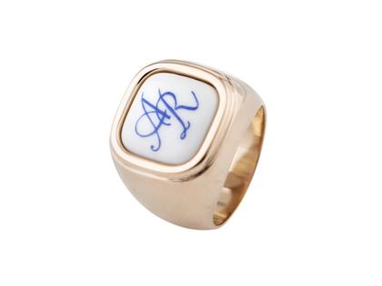 Herrenschmuck Ring in roségold und aus 925 Silber vergoldet und Porzellan.