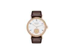 Nomos Glashütte Tangente Roségold neomatik 175 Years of Watchmaking Glashütte Automatik 35mm weißes Zifferblatt braunes Lederband – Damenuhren Uhr ohne Datum aus 750 Rotgold. Das Gehäuse ist rund und roségold. Das Lederarmband ist braun. Das Zifferblatt ist arabisch Index und silber.