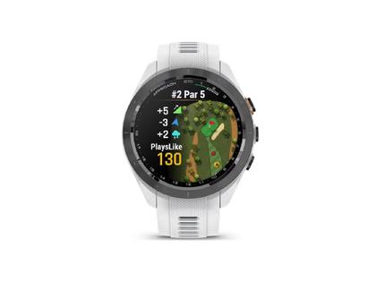 Garmin Approach S70 Smartwatch Kunststoff 42mm digitale Anzeige weißes Silikonband – Herrenuhren Uhr Multifunktion aus Keramik und Kunststoff. Das Gehäuse ist rund und grau. Das Kautschuk / Kunststoff / Silikon Armband ist weiß. Das Zifferblatt ist digital und schwarz.
