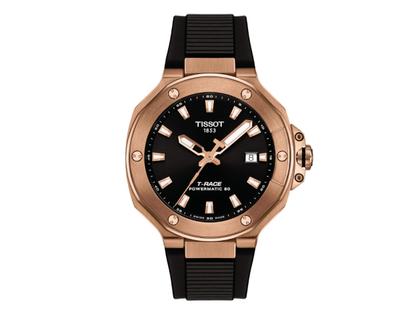 Tissot T-Race Powermatic 80 Automatik Edelstahl PVD-Roségold 41mm schwarzes Zifferblatt schwarzes Silikonband – Herrenuhren Uhr mit Datum aus Edelstahl und PVD beschichtet. Das Gehäuse ist rund und roségold. Das Kautschuk / Kunststoff / Silikon Armband ist schwarz. Das Zifferblatt ist ein Index in schwarz.