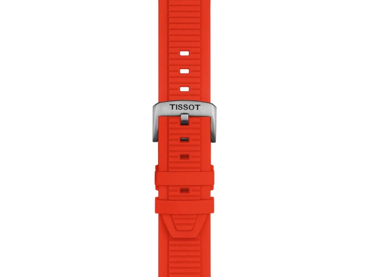 Tissot T-Race MotoGP                    2026 Chronograph Limited Edition Automatic Edelstahl 45mm skelettiertes Zifferblatt rotes Silikonband – Herrenuhren Chronograph aus Edelstahl und PVD beschichtet. Das Gehäuse ist rund und silber. Das Kautschuk / Kunststoff / Silikon Armband ist rot. Das Zifferblatt ist ein Index in silber. – Ansicht 6