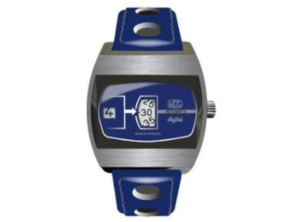 UMF Ruhla Scheibenuhr Automatik mit springender Stunde Edelstahl 41mm blaues Zifferblatt blaues Lederband limitiert – Herrenuhren Uhr ohne Datum aus Edelstahl, Keramik und Leder. Das Gehäuse ist tonneauform und silber. Das Lederarmband ist blau. Das Zifferblatt ist digital und blau. – Ansicht 2