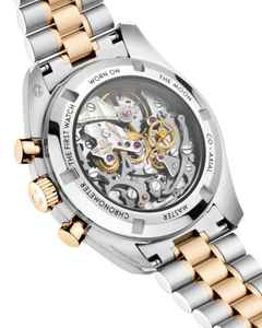 Omega Speedmaster Moonwatch Professional Chronograph Handaufzug Edelstahl 42mm silberfarbenes Zifferblatt zweifarbiges Metallband – Herrenuhren Chronograph aus 750 Gelbgold, Edelstahl und Keramik. Das Gehäuse ist rund und silber. Das Edelstahlarmband mit Gold ist silber-gelbgold. Das Zifferblatt ist ein Index in silber. – Ansicht 4