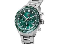 TAG Heuer Carrera Chronograph Automatik Edelstahl 44mm grünes Zifferblatt Metallband – Herrenuhren Chronograph aus Edelstahl und Keramik. Das Gehäuse ist rund und silber. Das Edelstahlarmband ist silber. Das Zifferblatt ist ein Index in grün. – Ansicht 2