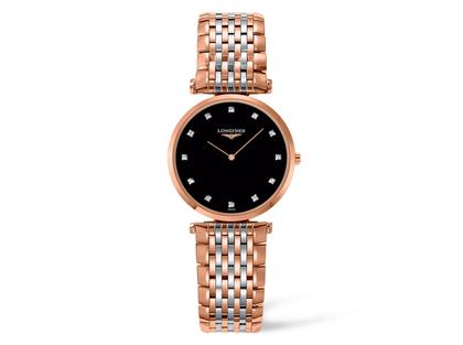 Damenuhren Uhr ohne Datum aus Edelstahl und PVD beschichtet. Das Gehäuse ist rund und roségold. Das vergoldetes Edelstahlarmband ist silber-roségold. Das Zifferblatt ist römisch und schwarz.