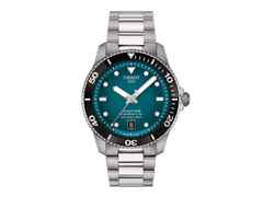 Tissot Seastar 1000 Powermatic 80 Automatik Edelstahl 40mm türkises Zifferblatt Metallband – Herrenuhren Uhr mit Datum aus Edelstahl. Das Gehäuse ist rund und silber. Das Edelstahlarmband ist silber. Das Zifferblatt ist ein Index in türkis.