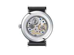 Nomos Glashütte Tangente 38 Datum Handaufzug Edelstahl 38mm weißes Zifferblatt schwarzes Lederband Glasboden – Herrenuhren Uhr mit Datum aus Edelstahl und Leder. Das Gehäuse ist rund und silber. Das Lederarmband ist schwarz. Das Zifferblatt ist arabisch Index und silber. – Ansicht 3