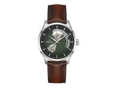Hamilton Jazzmaster Open Heart Automatik Edelstahl 42mm grünes Zifferblatt braunes Lederband – Herrenuhren Uhr ohne Datum aus Edelstahl. Das Gehäuse ist rund und silber. Das Lederarmband ist braun. Das Zifferblatt ist ein Index in grün.