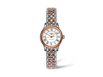 Longines Les Grandes Classiques Flagship Damenuhr Automatik 26 mm PVD rosé Edelstahl weiß römisch Metallband bicolor – Damenuhren Uhr mit Datum aus Edelstahl. Das Gehäuse ist rund und silber-roségold. Das vergoldetes Edelstahlarmband ist silber-roségold. Das Zifferblatt ist römisch und weiß.