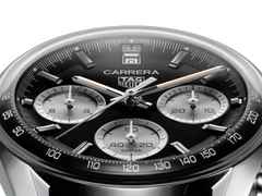 TAG Heuer Carrera Chronograph Automatik Edelstahl 39mm schwarzes Zifferblatt schwarzes Lederband – Herrenuhren Chronograph aus Edelstahl und Leder. Das Gehäuse ist rund und silber. Das Lederarmband ist schwarz. Das Zifferblatt ist ein Index in schwarz. – Ansicht 4
