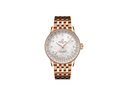 Breitling Navitimer Automatic 36 Rotgold weißes Perlmutt-Zifferblatt Rotgoldband – Damenuhren Uhr ohne Datum aus 750 Rotgold. Das Gehäuse ist rund und roségold. Das Goldarmband ist roségold. Das Zifferblatt ist arabisch Index und weiß.