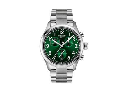 Tissot Chrono L Quarz Edelstahl 42mm grünes Zifferblatt Metallband – Herrenuhren Chronograph aus Edelstahl. Das Gehäuse ist rund und silber. Das Edelstahlarmband ist silber. Das Zifferblatt ist arabisch Index und grün.