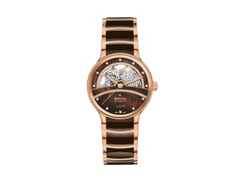 Rado Centrix Diamonds Automatik Open Heart Edelstahl Roségold-PVD 35mm braunes Zifferblatt mit Brillanten Metallband – Damenuhren Uhr ohne Datum aus Edelstahl, Keramik und PVD beschichtet. Das Gehäuse ist rund und roségold. Das Keramikarmband ist braun. Das Zifferblatt ist ein Index in braun.