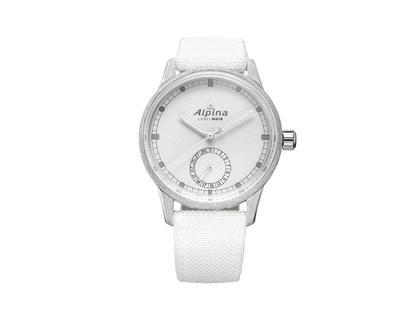 Alpina Alpiner Date Manufacture Label Noir Automatik Edelstahl 41,5mm weißes Zifferblatt weißes Textilband limitiert – Herrenuhren Uhr mit Datum aus Edelstahl. Das Gehäuse ist rund und silber. Das Textilarmband ist weiß. Das Zifferblatt ist ein Index in weiß.