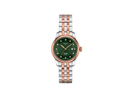 Tissot LeLocle Automatik Edelstahl Roségold-PVD 29mm grünes Zifferblatt mit Diamanten Metallband – Damenuhren Uhr mit Datum aus 750 Rotgold, Edelstahl und PVD beschichtet. Das Gehäuse ist rund und silber. Das Edelstahlarmband ist silber-roségold. Das Zifferblatt ist ein Index in grün.