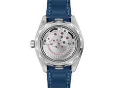 Omega Seamaster Aqua Terra 150M Automatik Edelstahl 43mm blaues Zifferblatt Kautschukband – Herrenuhren Uhr mit Datum aus Edelstahl. Das Gehäuse ist rund und silber. Das Kautschuk / Kunststoff / Silikon Armband ist blau. Das Zifferblatt ist ein Index in blau. – Ansicht 2