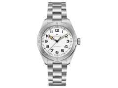 Hamilton Khaki Field Expedition Automatik Edelstahl 41mm weißes Zifferblatt Metallband – Herrenuhren Uhr ohne Datum aus Edelstahl. Das Gehäuse ist rund und silber. Das Edelstahlarmband ist silber. Das Zifferblatt ist ein Index in weiß.