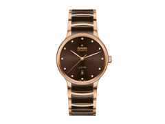 Rado Centrix Diamonds Automatik Edelstahl Roségold-PVD 39,5mm braunes Zifferblatt mit Brillanten Metallband – Herrenuhren Uhr mit Datum aus Edelstahl, Keramik und PVD beschichtet. Das Gehäuse ist rund und roségold. Das Keramikarmband ist braun. Das Zifferblatt ist ein Index in braun.