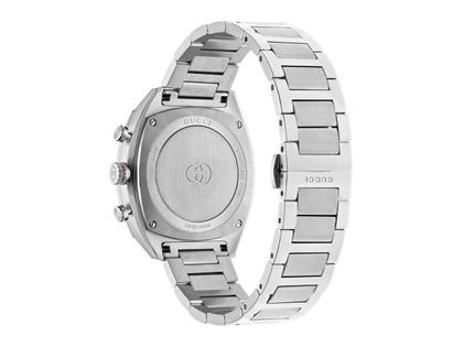 Gucci Interlocking Chronograph Quarz Edelstahl 41mm blaues Zifferblatt Metallband YA142317 – Herrenuhren Chronograph aus Edelstahl und Keramik. Das Gehäuse ist rund und silber. Das Edelstahlarmband ist silber. Das Zifferblatt ist ein Index in blau. – Ansicht 2