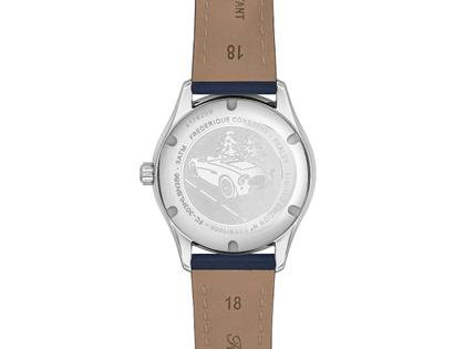 Frederique Constant Classics Vintage Rally Healey Automatik Edelstahl 36mm blaues Zifferblatt blaues Lederband limitiert – Damenuhren Uhr mit Datum aus Edelstahl und Leder. Das Gehäuse ist rund und silber. Das Lederarmband ist blau. Das Zifferblatt ist arabisch Index und blau. – Ansicht 3