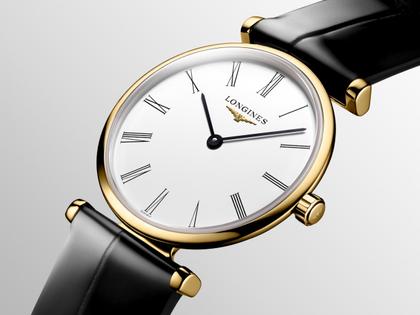 Longines La Grande Classique Quarz Edelstahl Gelbgold-PVD 24mm weißes Zifferblatt schwarzes Lederband – Damenuhren Uhr ohne Datum aus Edelstahl und PVD beschichtet. Das Armband ist ein Lederarmband. Der Zifferblatt ist römisch. – Ansicht 2